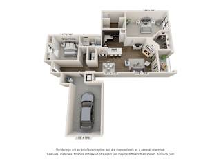 A 3D floor plan of a house with a car parked in the driveway.