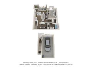 A 3D floor plan of a house with a garage.