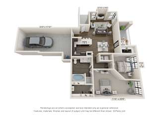 A 3D floor plan of a house with a garage and a car.