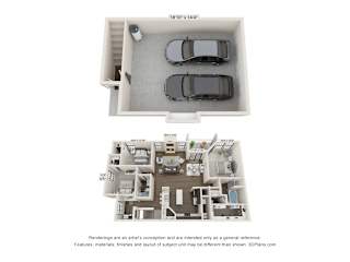 A 3D floor plan of a house with a garage and a living room.