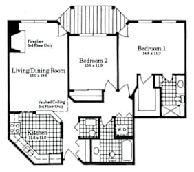 A black and white image of a house floor plan with two bedrooms, a living/dining room, a kitchen, and a fireplace.