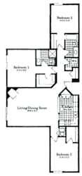 A black and white image of a house floor plan with three bedrooms and a living/dining room.