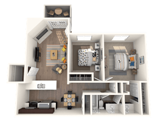 A 3D rendered image of a small apartment layout.