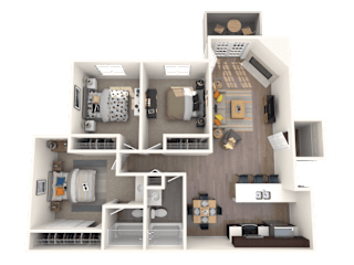 A 3D floor plan of a house with a kitchen, living room, and two bedrooms.