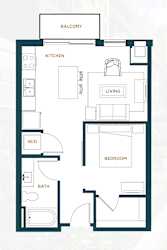 A floor plan of a small apartment with a balcony, kitchen, living room, bedroom, and bathroom.