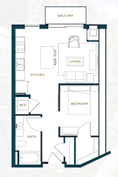 A floor plan of a small apartment with a living room, kitchen, bedroom, bathroom, and a balcony.