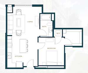 A floor plan of a house with labeled rooms including a living room, kitchen, bathroom, and bedroom.