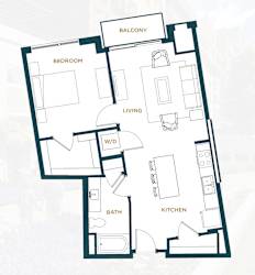 A floor plan of a house with labeled rooms such as bedroom, living, and kitchen.