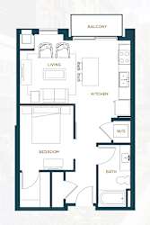 A floor plan of an apartment with a living room, kitchen, bedroom, bathroom, and a balcony.