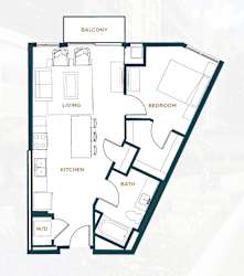 A floor plan of an apartment with a balcony, living room, kitchen, bath, bedroom, and a workspace.