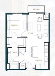 A floor plan of an apartment with a balcony, bedroom, living room, kitchen, bathroom, and a workspace.