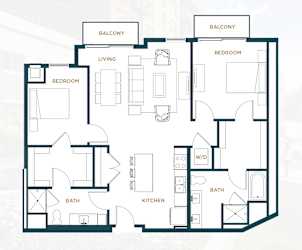 A floor plan of a house with two bedrooms, a living room, a kitchen, a bathroom, and two balconies.
