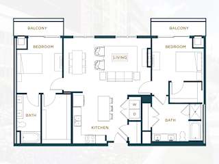 A floor plan of a house with two bedrooms, a living room, a kitchen, a bathroom, and a balcony.