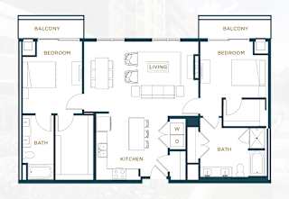 A floor plan of an apartment with two bedrooms, a living room, a kitchen, a bathroom, and a balcony.