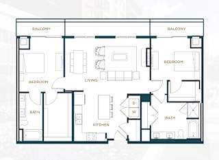 A floor plan of a house with two bedrooms, a living room, a kitchen, a bathroom, and two balconies.