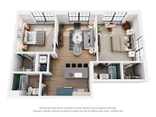 A 3D floor plan of a house with a kitchen, living room, and bathroom.