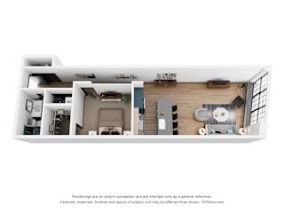 A 3D floor plan of a house with a kitchen, living room, and bathroom.