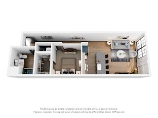 A 3D floor plan of a small apartment with a kitchen, living room, and bathroom.
