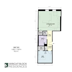 A floor plan for Wright Block Residences showing the layout of a unit with a living/kitchen area, bathroom, bedroom, and hallway.