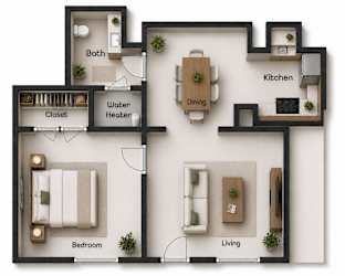 A diagram of a house layout with labeled rooms such as Bath, Kitchen, Dining, Bedroom, Closet, and Living.