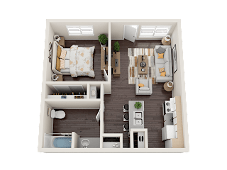 A top-down view of a small apartment with a bedroom, living room, and kitchen.