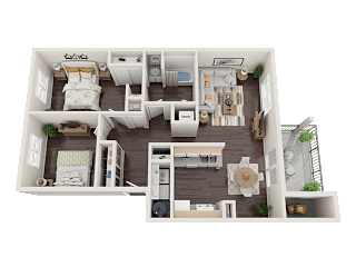 A 3D rendered image of a small apartment layout.