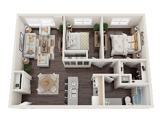 A 3D rendered image of a modern apartment layout.