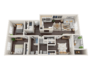 A 3D rendered image of a two-bedroom apartment layout.