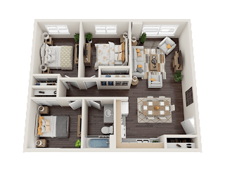 A top-down view of a well-furnished apartment layout.