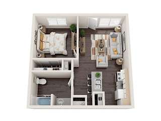 A top-down view of a small apartment with a bedroom, living room, and kitchen.