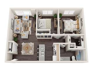 A top-down view of a small apartment with a living room, kitchen, and bedroom.