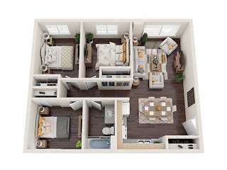 A top-down view of a well-furnished apartment.