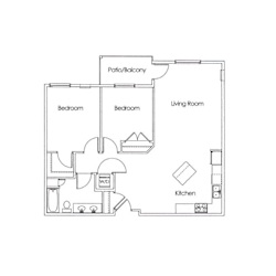 Two bedroom apartment floor plan layout at Cypress Court Apartments, Minnesota