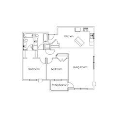 Two bedroom two bath floor plan with patio at Cypress Court Apartments, Minnesota