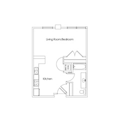 Studio floor plan with combined living and sleeping area at Cypress Court Apartments, St Cloud, MN 56303