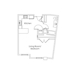 Studio floor plan with kitchen and bathroom at Cypress Court Apartments, St Cloud, 56303
