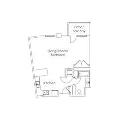 Studio floor plan with kitchen and balcony at Cypress Court Apartments, St Cloud, Minnesota