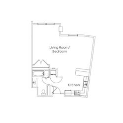 Studio floor plan with bathroom and kitchen at Cypress Court Apartments, St Cloud