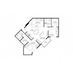 Two bedroom two bath floor plan with angled design at Grand Gateway Apartments, St Cloud, Minnesota