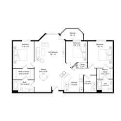 Three bedroom two bathroom floor plan layout at Regency Park Apartments, St Cloud, Minnesota