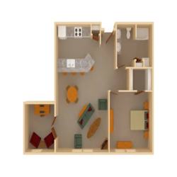 3D floor plan with one bedroom and bathroom at The Ponds at Heritage Place Apartments, Sartell