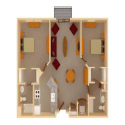 Two bedroom 3D floor plan layout at The Ponds at Heritage Place Apartments, Minnesota