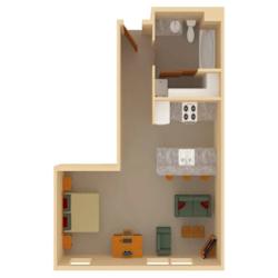 3D floor plan of studio apartment layout at The Ponds at Heritage Place Apartments, Sartell, MN 56377