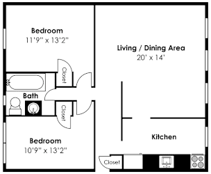 2D Floorplan for 2 bed 1 bath 829sf, at Mount Ridge Apartments, Baltimore, 21228