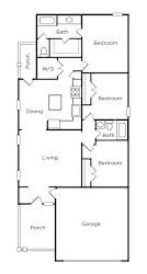 A floor plan of a house with a garage and a porch.