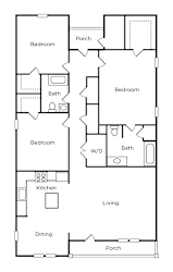 A floor plan of a house with three bedrooms, a living room, a kitchen, a dining area, a bathroom, and a porch.