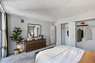 a bedroom with a bed and a dresser and a closet
