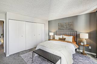 a bedroom with a bed and a closet