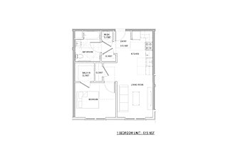 A floor plan of a 1 bedroom unit with a living room, kitchen, and bathroom.