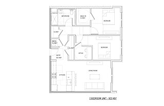 A floor plan of a 2 bedroom unit with a living room, kitchen, bathroom, and office.